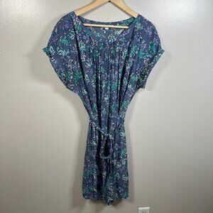 Boden Silk Blend Dress Size 16 Blue Floral Tie Waist Pockets Preppy Twee Casual